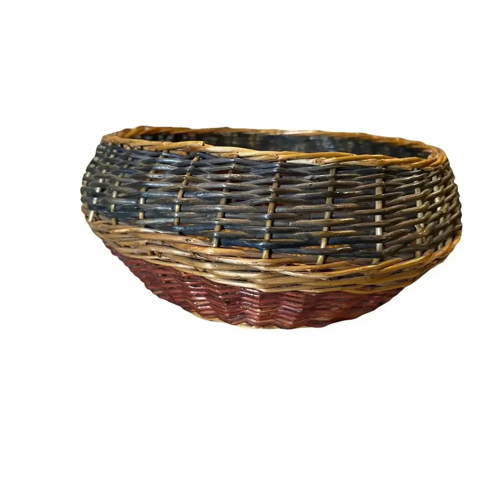 Vintage Woven Wicker Basket 3 Tone Blue, Brown Mahogany, Tan Wood 13.5